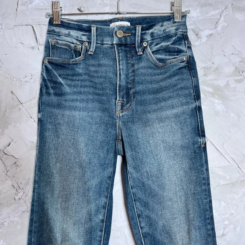 Good American Good Legs Stovepipe High Rise Jeans SIZE 00 24x28 Blue Distressed - Picture 9 of 12